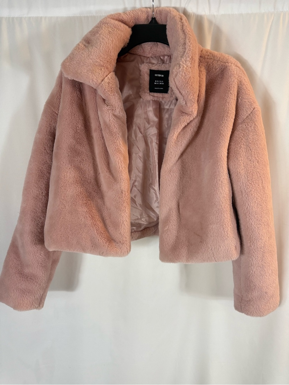 Cotton On Dusty Pink Faux Fur Cropped Teddy Jacket size:4